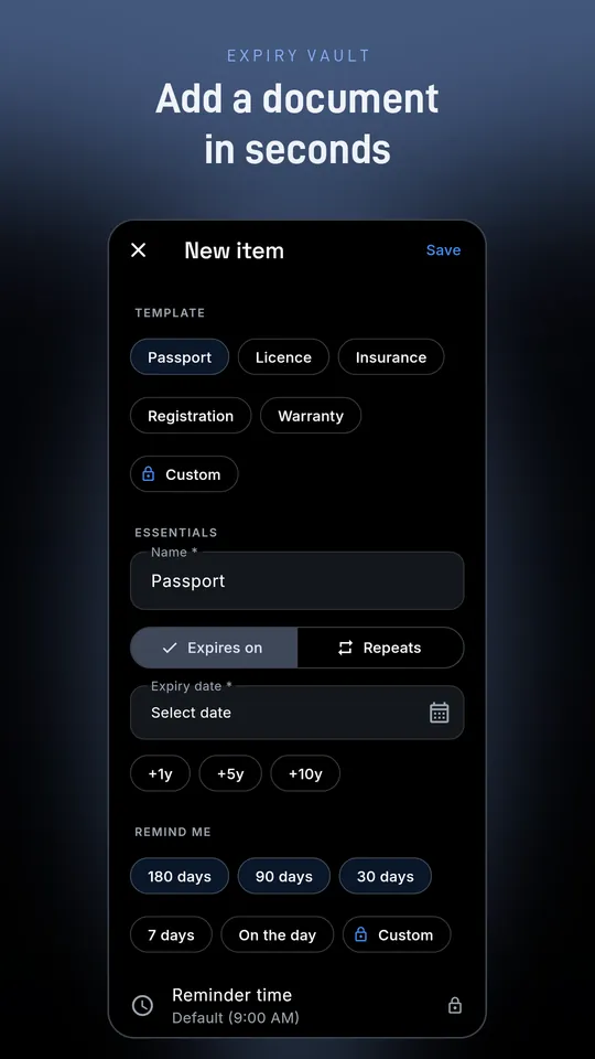 New item form with document templates and reminder choices