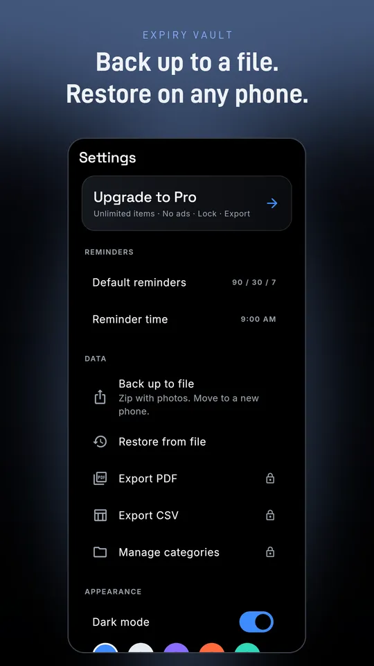 Settings with reminders, back up to file, restore and export