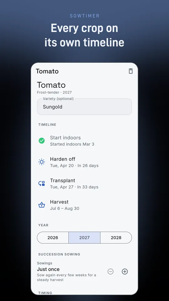 Tomato planting timeline with start indoors, harden off, transplant and harvest dates