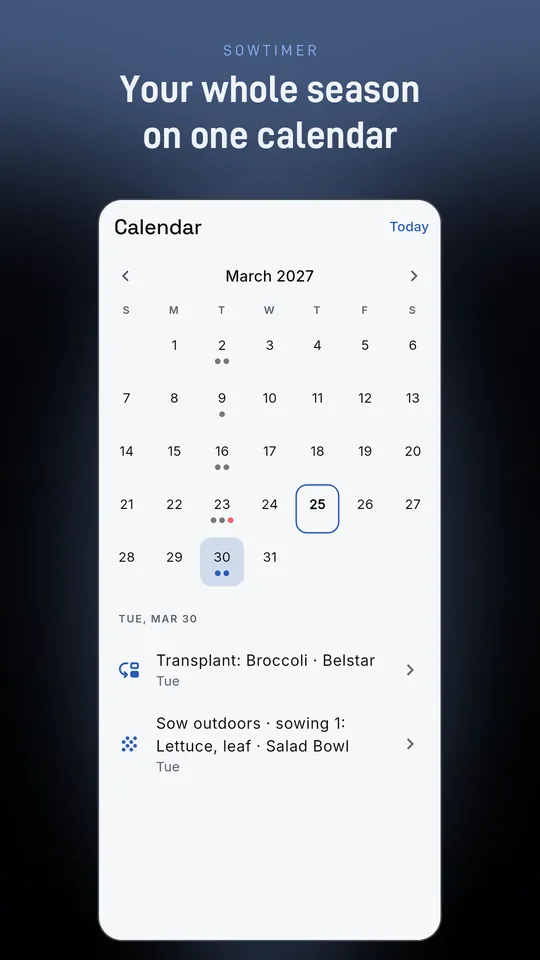 Month calendar with dots on job days and the jobs for the selected day