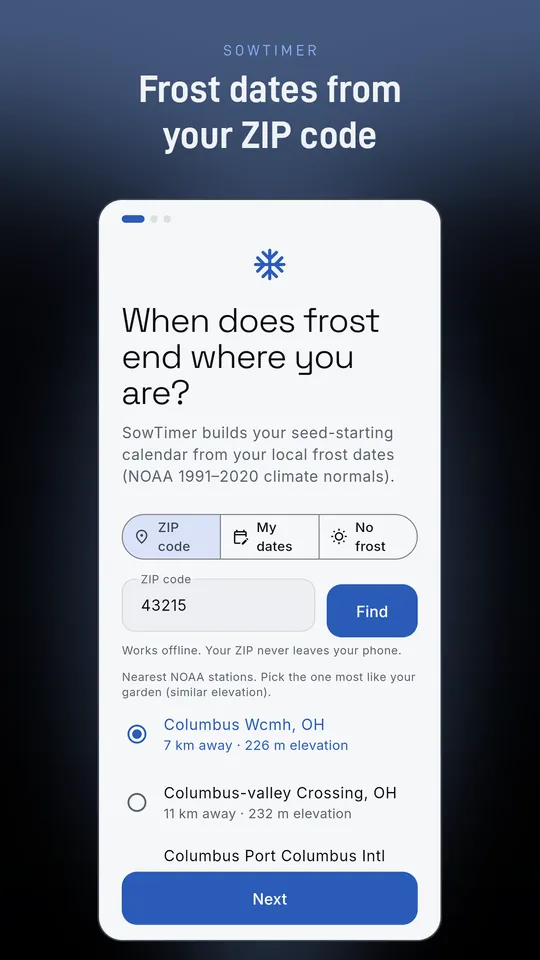 Frost date setup with a ZIP code and the nearest NOAA weather stations to choose from