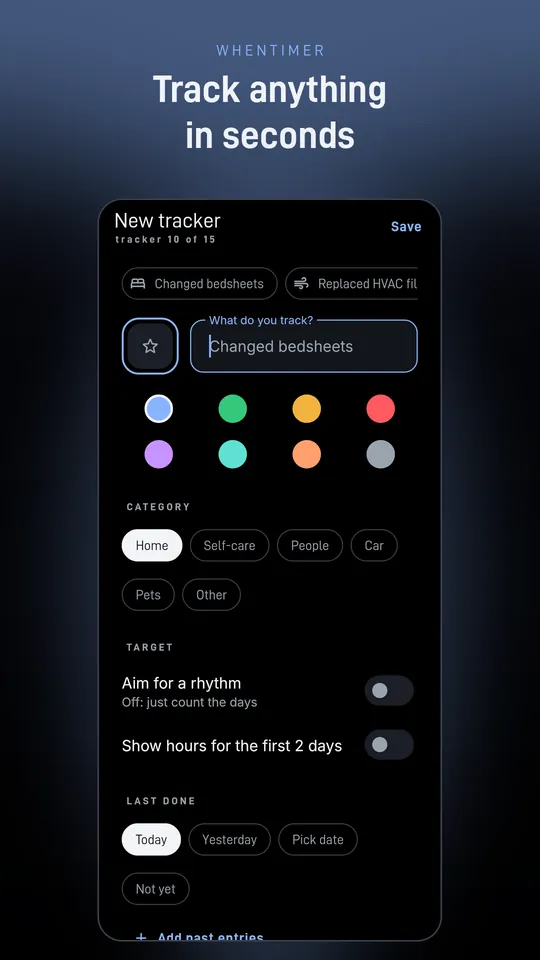 New tracker form with suggestions, an icon, color, category and an optional target