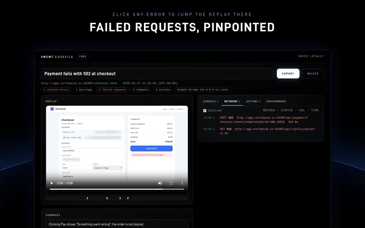 Casefile network panel highlighting a failed 502 request next to the replay