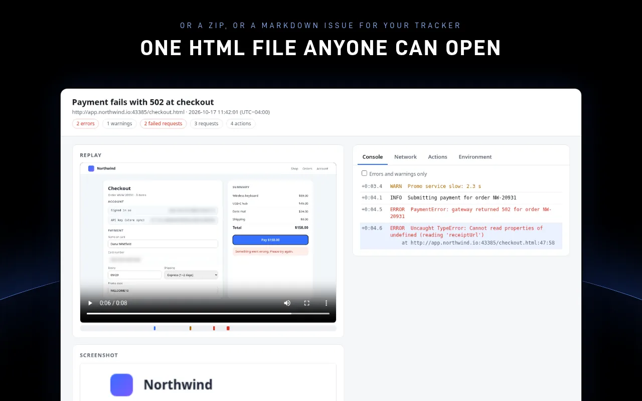 Casefile HTML report opened as a single file, with replay, console, network and environment tabs