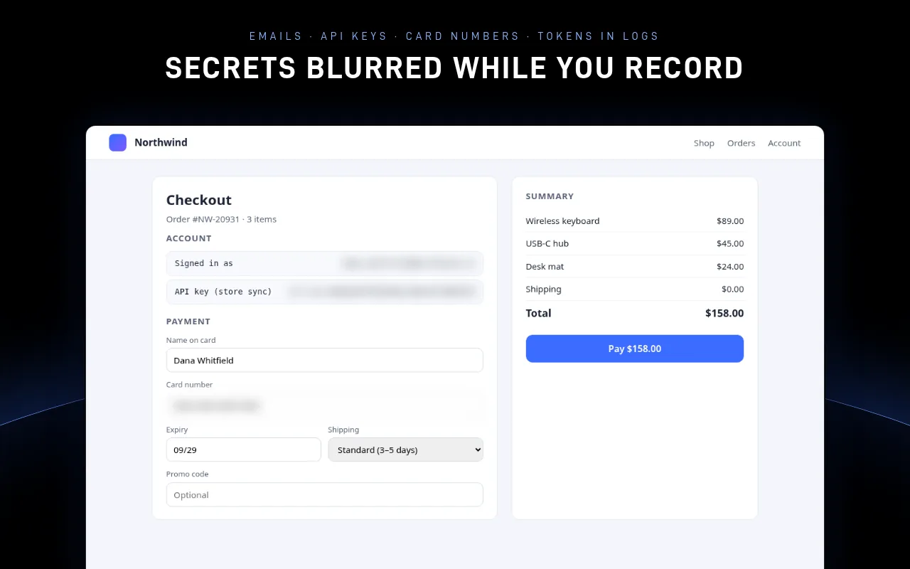 Checkout page captured by Casefile with email, API key and card details blurred by the Privacy Shield