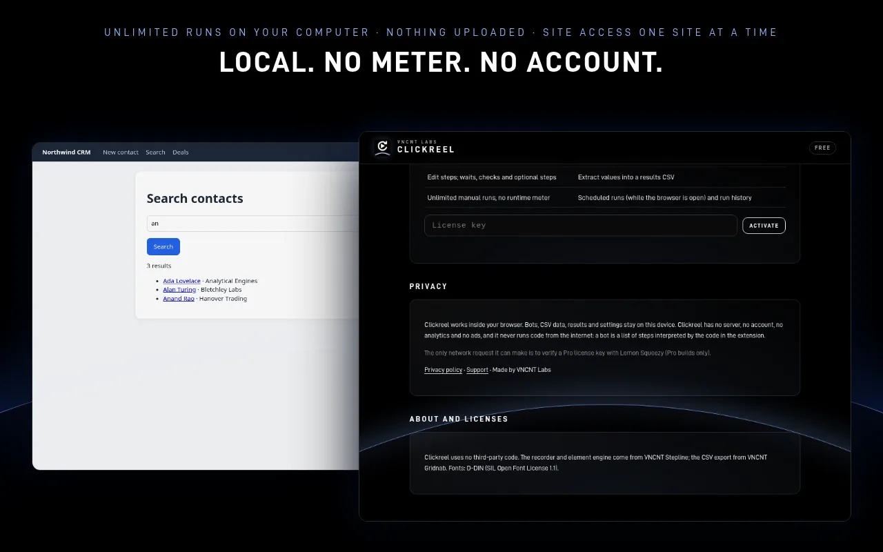 Clickreel settings page explaining that bots and results stay on this device with no account