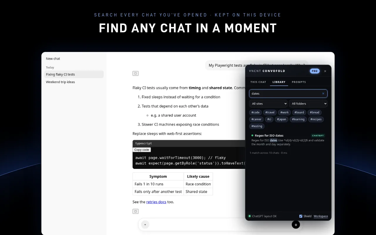 Convofold search results across chats with the matching passage highlighted