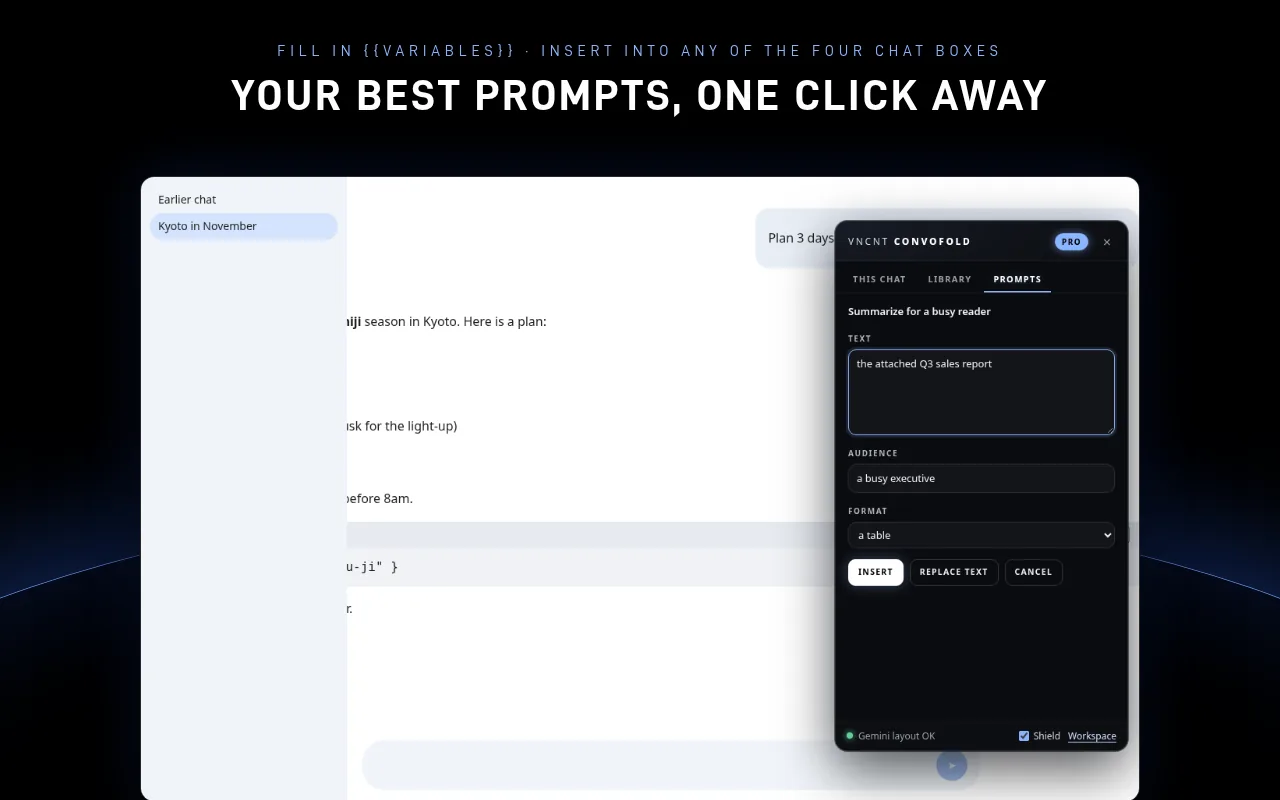 Convofold prompt library filling in variables before inserting a prompt into the chat box