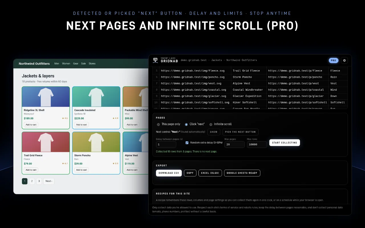 Gridnab Pro multi-page collection following the next button, with delay and page limits