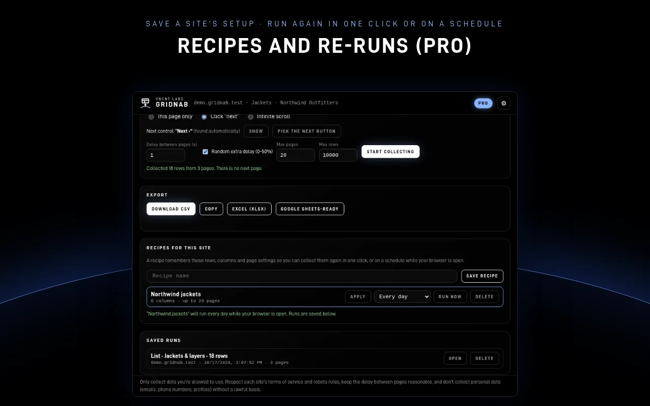 Gridnab Pro saved recipe with a daily re-run and a saved collection