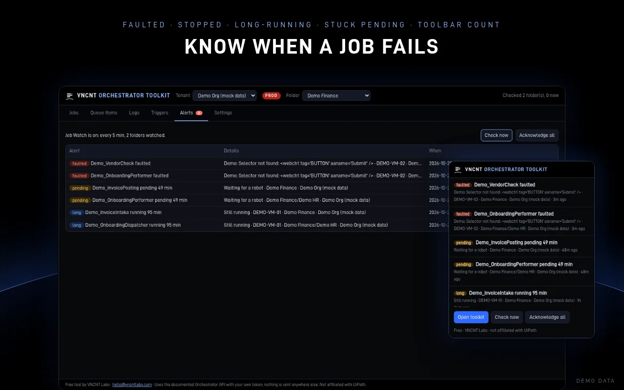 Orchestrator Toolkit Job Watch alerts for faulted, pending and long-running demo jobs, with the toolbar popup