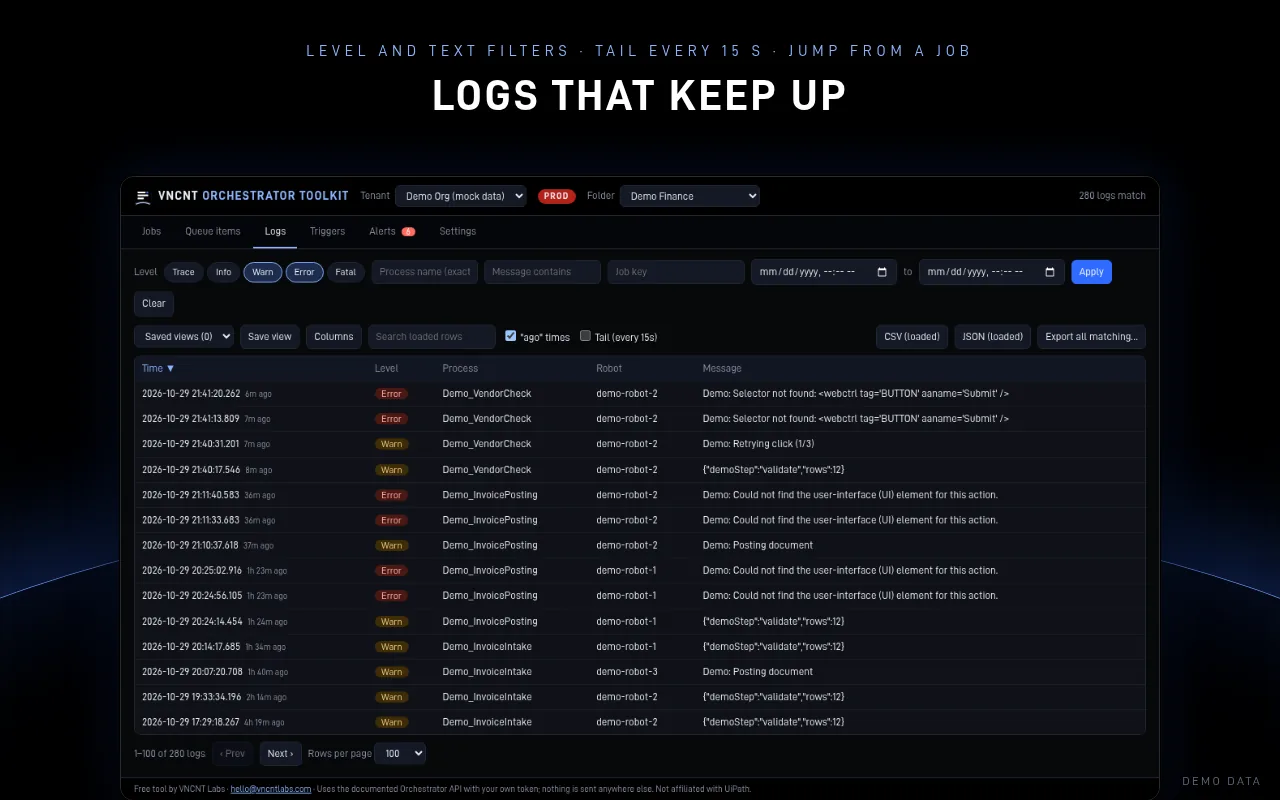 Orchestrator Toolkit logs grid filtered to warnings and errors from demo robots