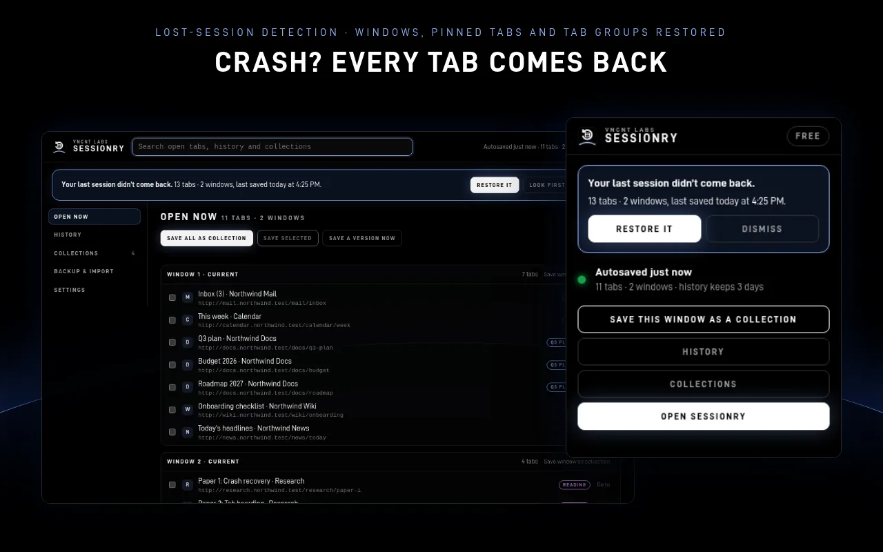 Sessionry offering to restore a lost session after a browser restart, with every window listed