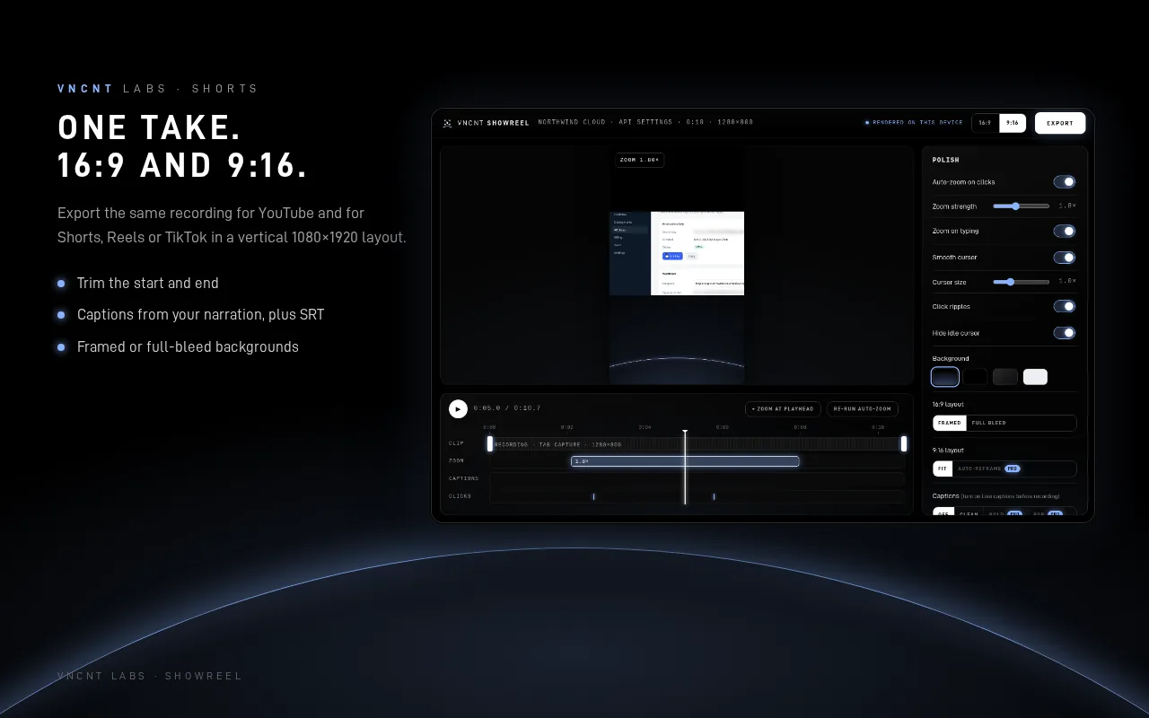 Showreel editor previewing a vertical 9:16 export of the same recording for Shorts