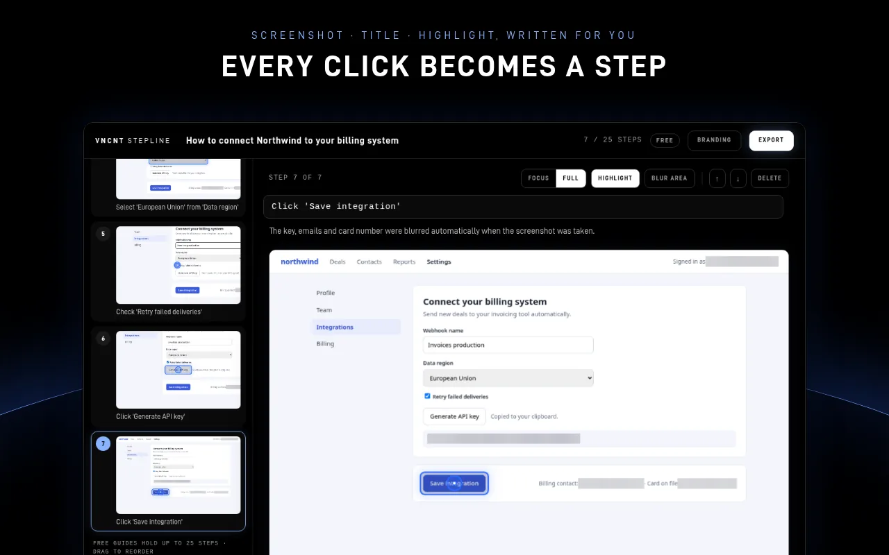 Stepline editor showing numbered steps with screenshots and auto-written titles for a billing settings task