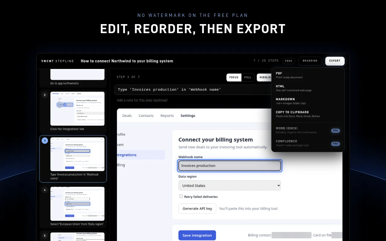 Stepline editor with the export menu for PDF, HTML, Markdown and copy to clipboard