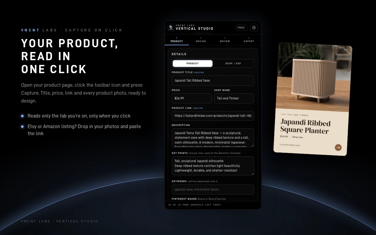Vertical Studio Capture step showing the product title, price, link and description read from a product page