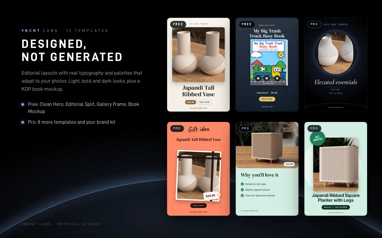 Six Vertical Studio templates: Clean Hero, Book Mockup, Dark Luxe, Gift Idea, Benefits List and Season Badge