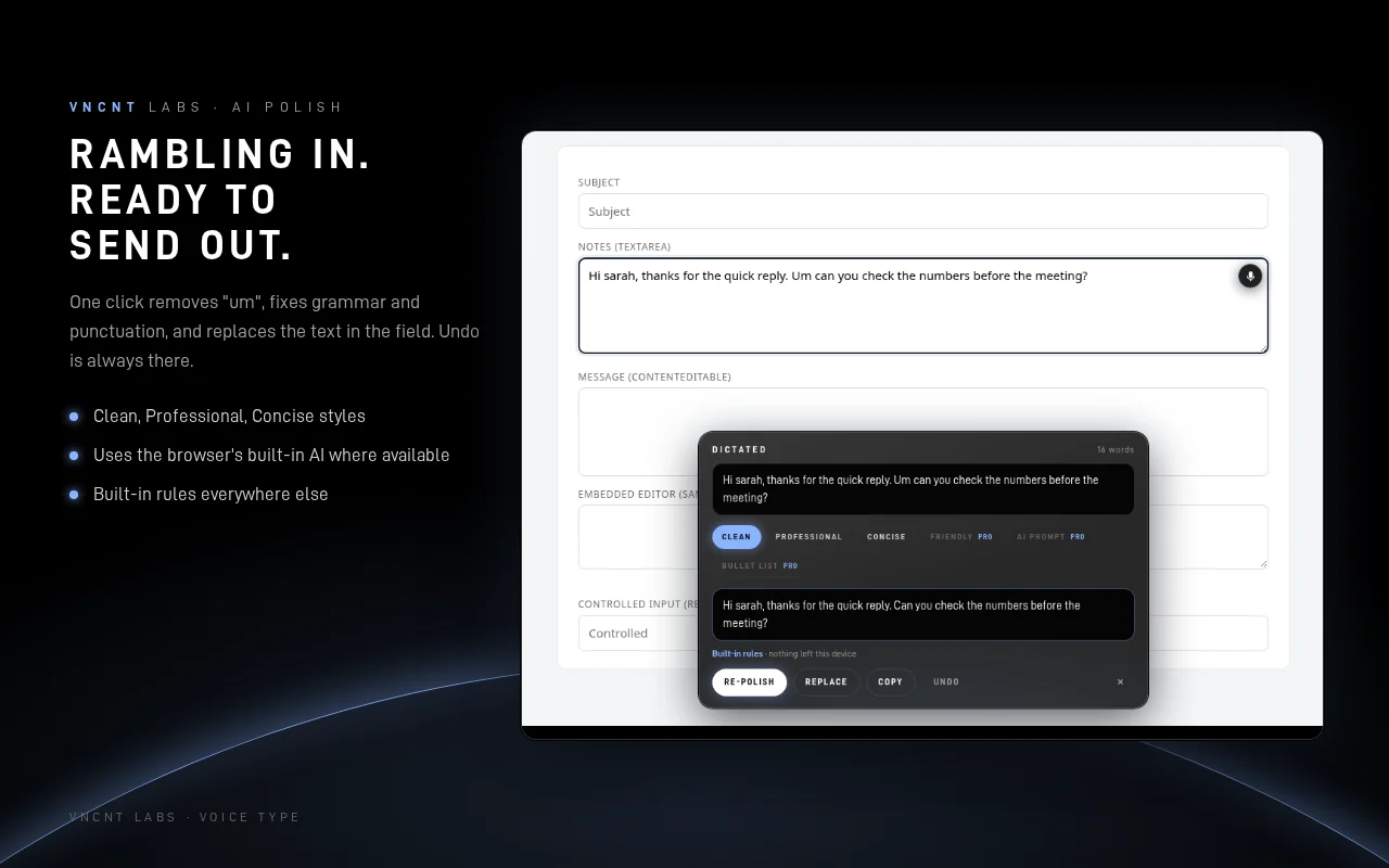 Voice Type polish card with Clean, Professional and Concise styles, showing rambling dictation turned into a clean sentence with Replace, Copy and Undo