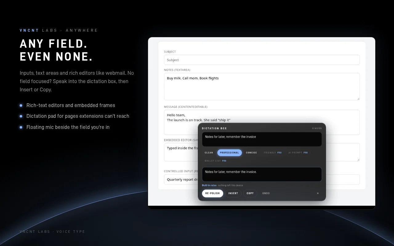 Voice Type dictation box used when no field is focused, with Insert and Copy buttons, over a page with rich-text editors
