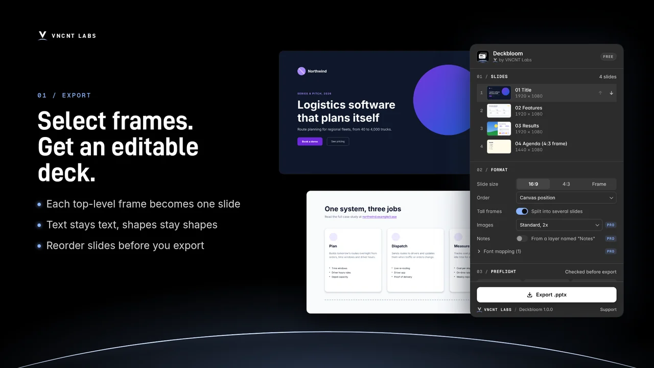 The Deckbloom panel with four selected frames next to two exported, editable slides