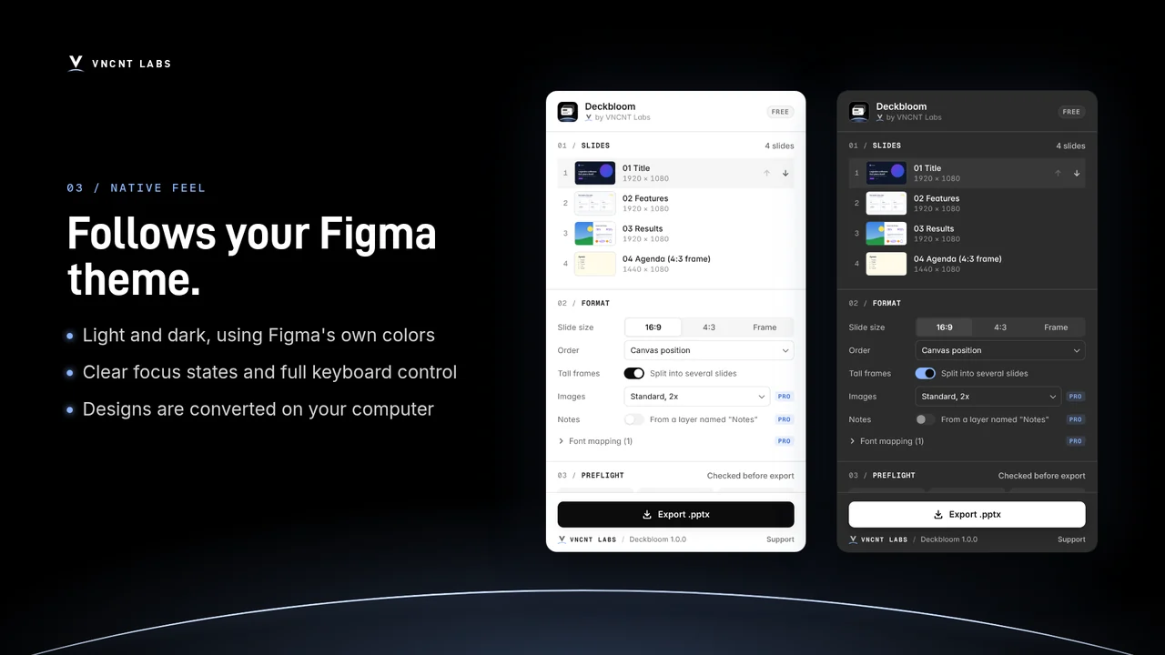 The Deckbloom panel in Figma light and dark themes