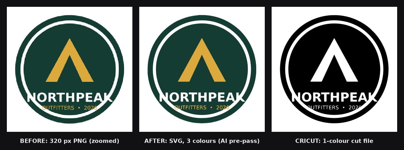 A 320 pixel logo, its colour SVG trace and its single-colour Cricut cut file